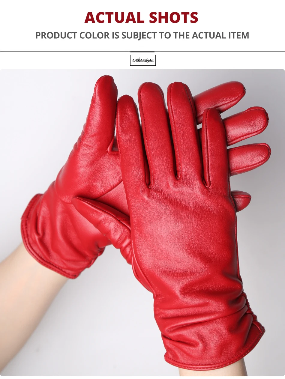 Classic Pleated Leather Gloves Women Color Real Leather Gloves Women Sheepskin Genuine Leather Winter Gloves Women-2081
