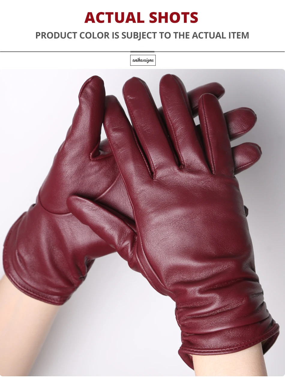 Classic Pleated Leather Gloves Women Color Real Leather Gloves Women Sheepskin Genuine Leather Winter Gloves Women-2081