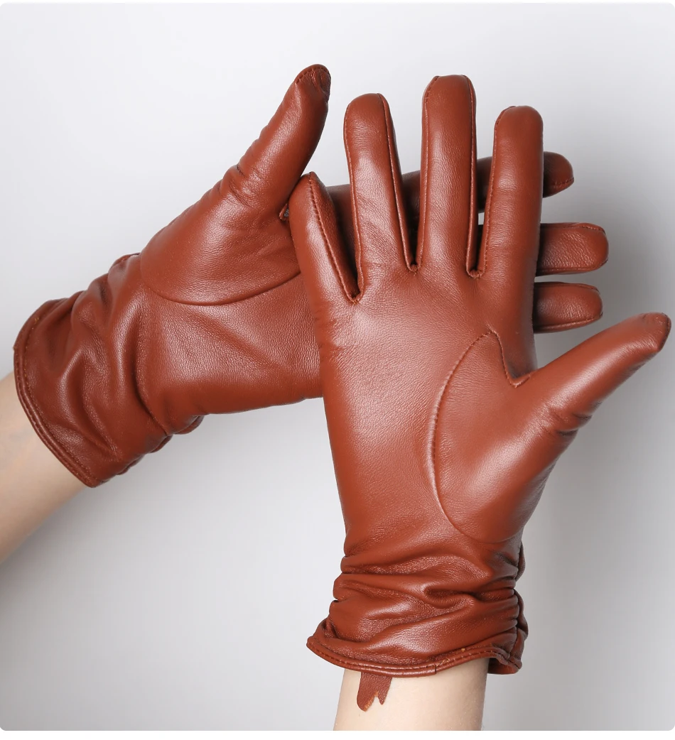 Classic Pleated Leather Gloves Women Color Real Leather Gloves Women Sheepskin Genuine Leather Winter Gloves Women-2081