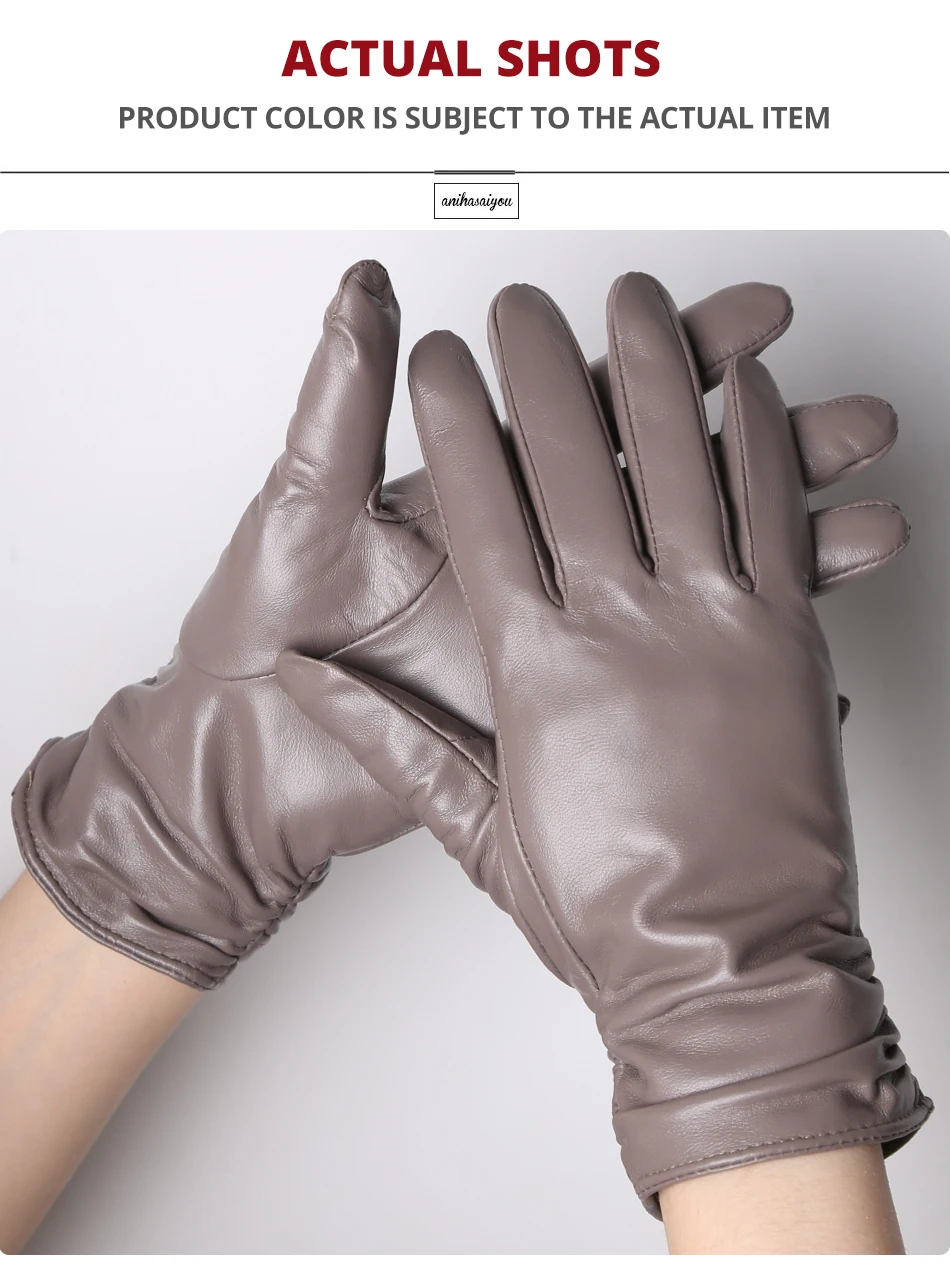 Classic Pleated Leather Gloves Women Color Real Leather Gloves Women Sheepskin Genuine Leather Winter Gloves Women-2081