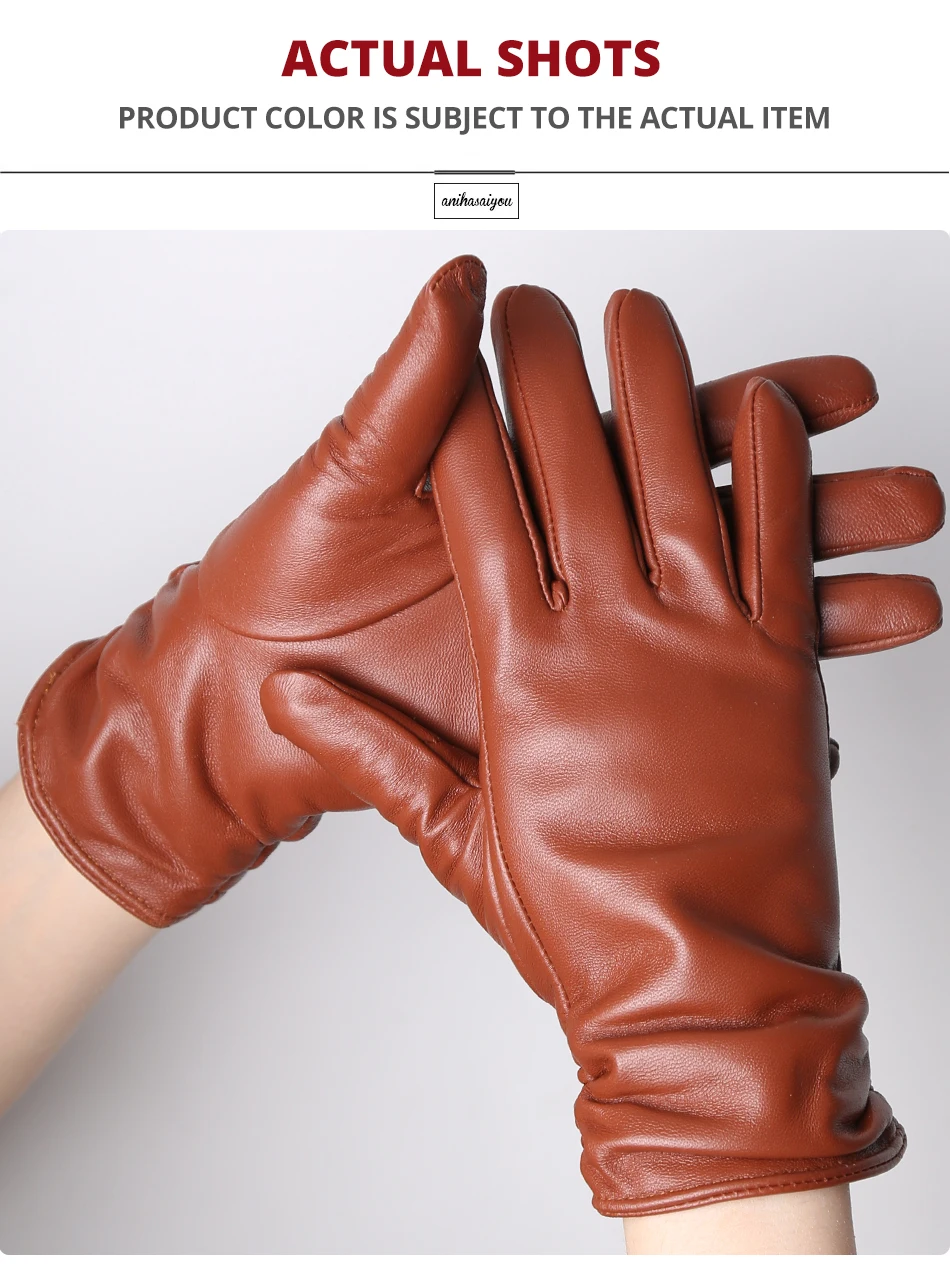 Classic Pleated Leather Gloves Women Color Real Leather Gloves Women Sheepskin Genuine Leather Winter Gloves Women-2081