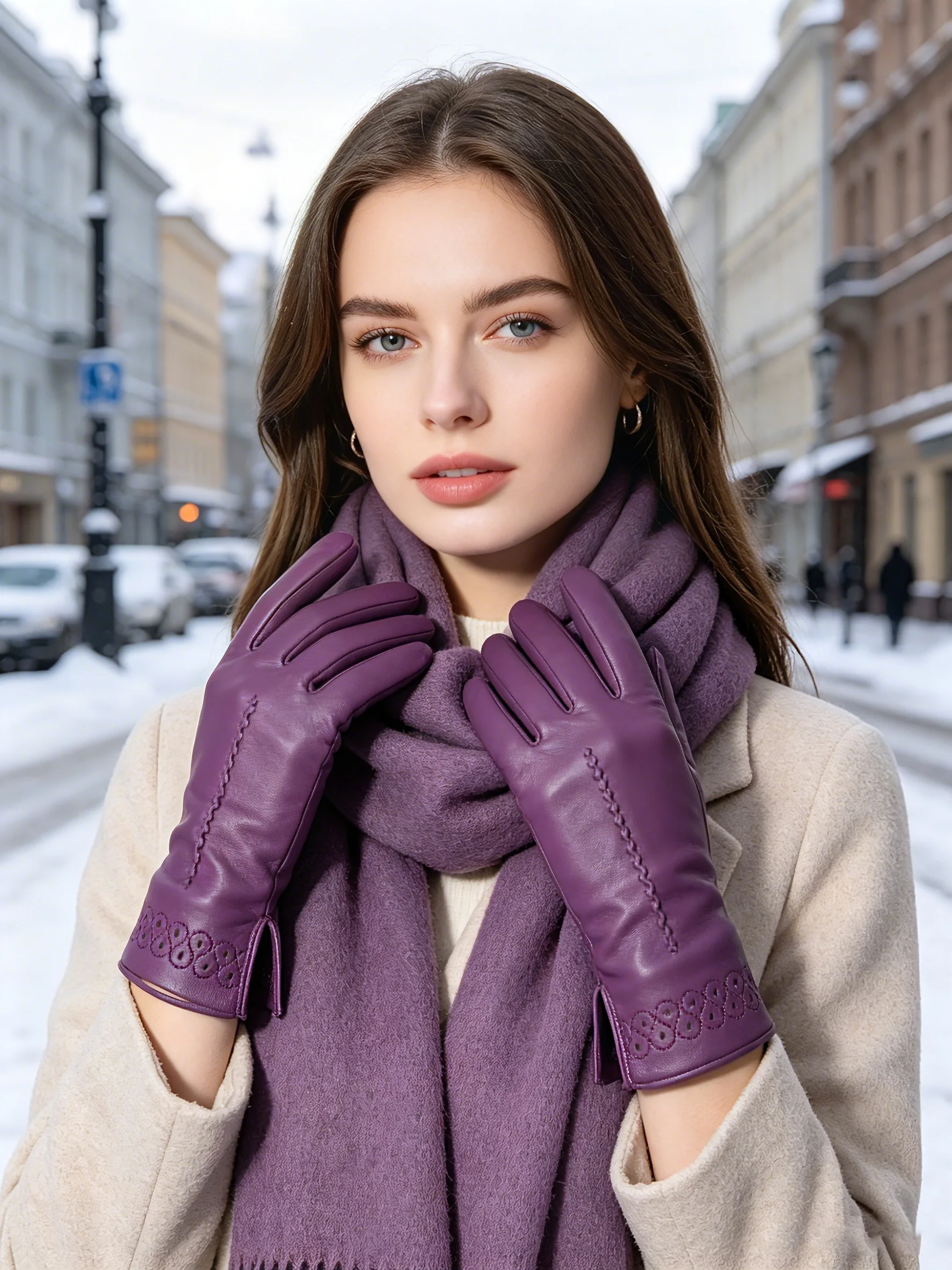 New Sheepskin Winter Gloves Warm Plus Velvet Short Thin Driving Women's Gloves Color Embroidery Design Leather Gloves-2229
