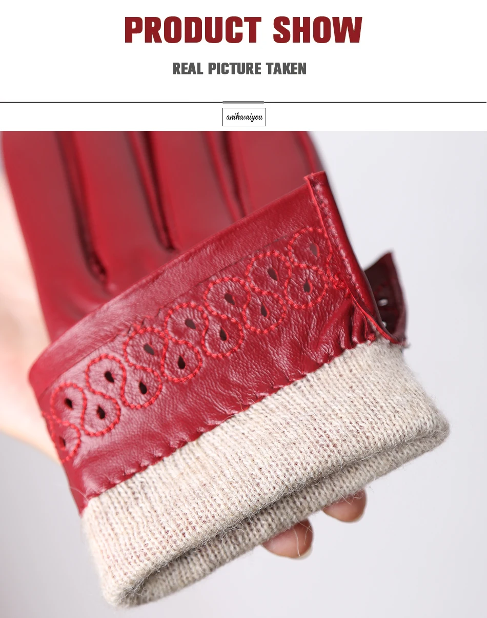New Sheepskin Winter Gloves Warm Plus Velvet Short Thin Driving Women's Gloves Color Embroidery Design Leather Gloves-2229