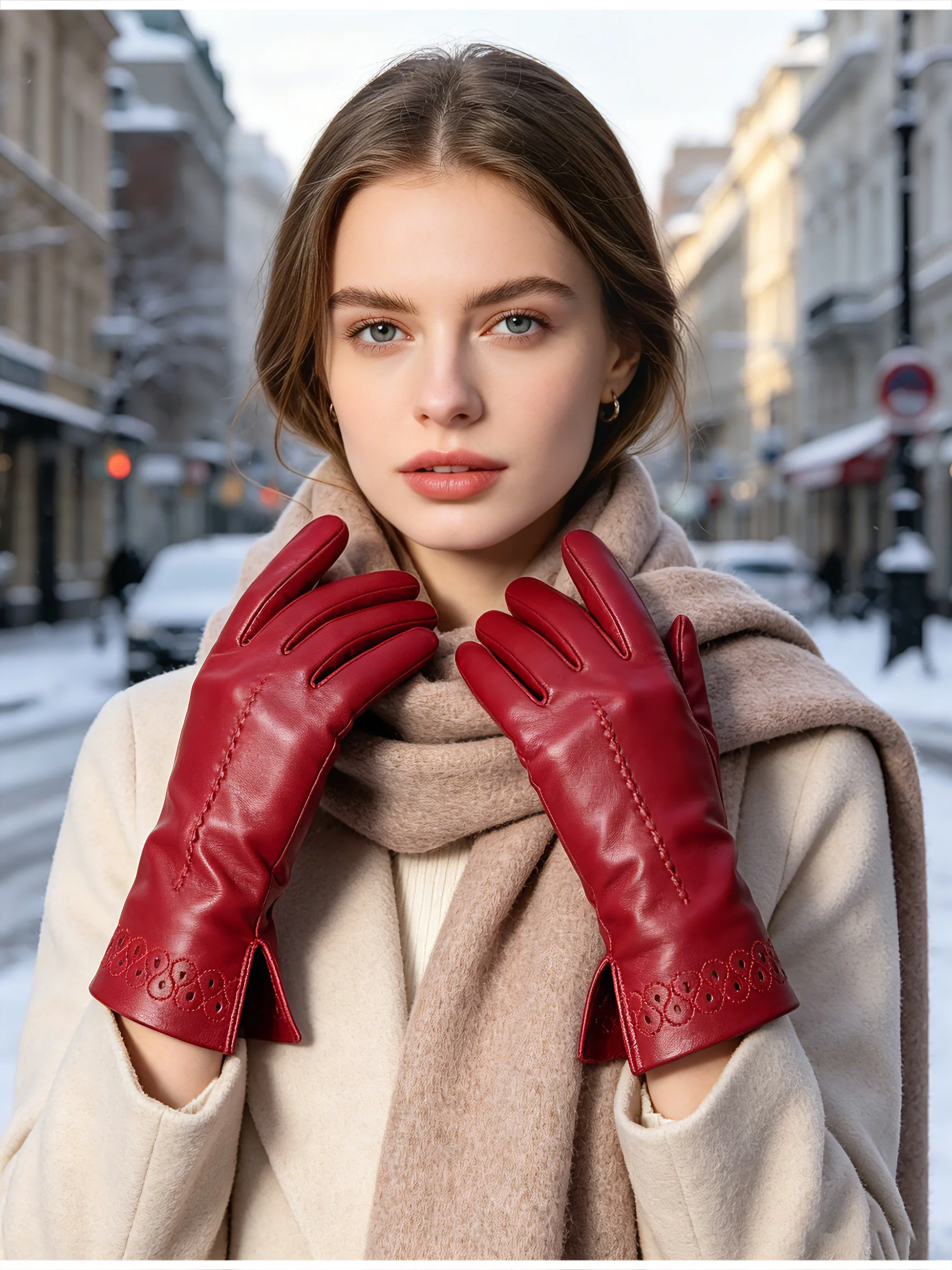 New Sheepskin Winter Gloves Warm Plus Velvet Short Thin Driving Women's Gloves Color Embroidery Design Leather Gloves-2229