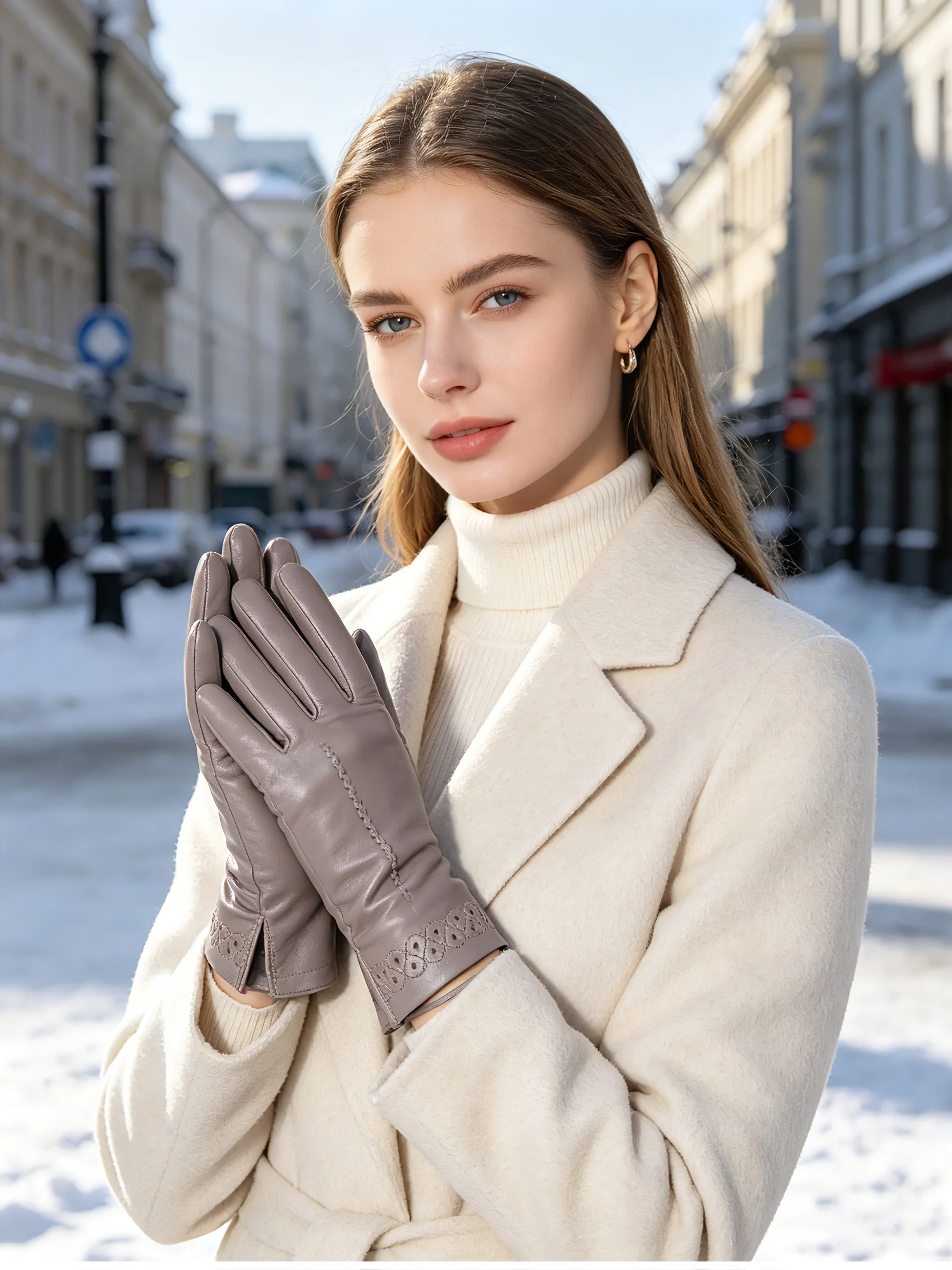 New Sheepskin Winter Gloves Warm Plus Velvet Short Thin Driving Women's Gloves Color Embroidery Design Leather Gloves-2229