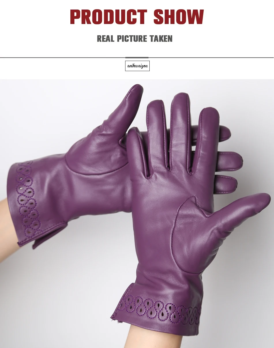 New Sheepskin Winter Gloves Warm Plus Velvet Short Thin Driving Women's Gloves Color Embroidery Design Leather Gloves-2229