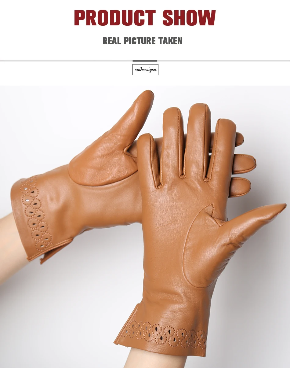 New Sheepskin Winter Gloves Warm Plus Velvet Short Thin Driving Women's Gloves Color Embroidery Design Leather Gloves-2229