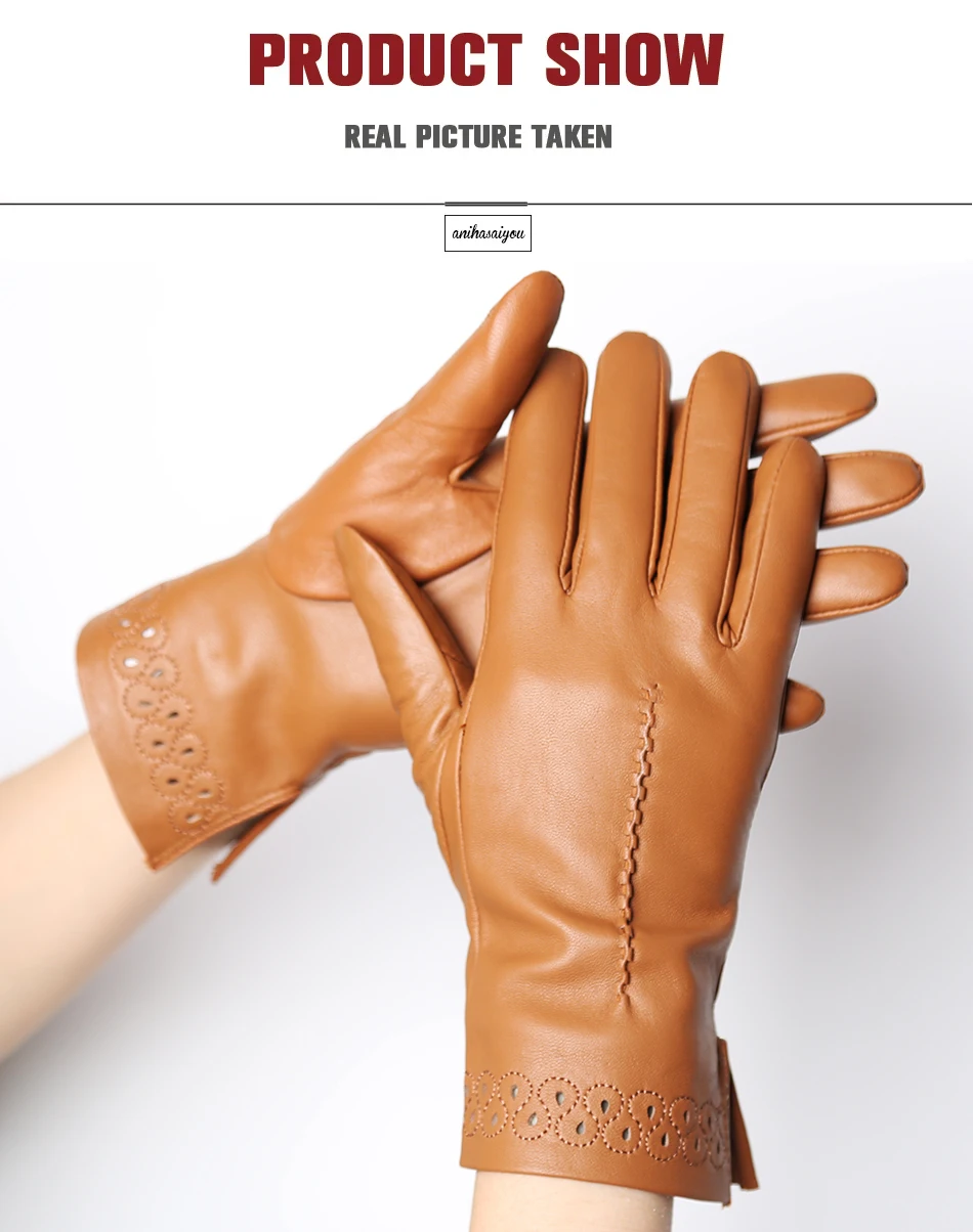 New Sheepskin Winter Gloves Warm Plus Velvet Short Thin Driving Women's Gloves Color Embroidery Design Leather Gloves-2229