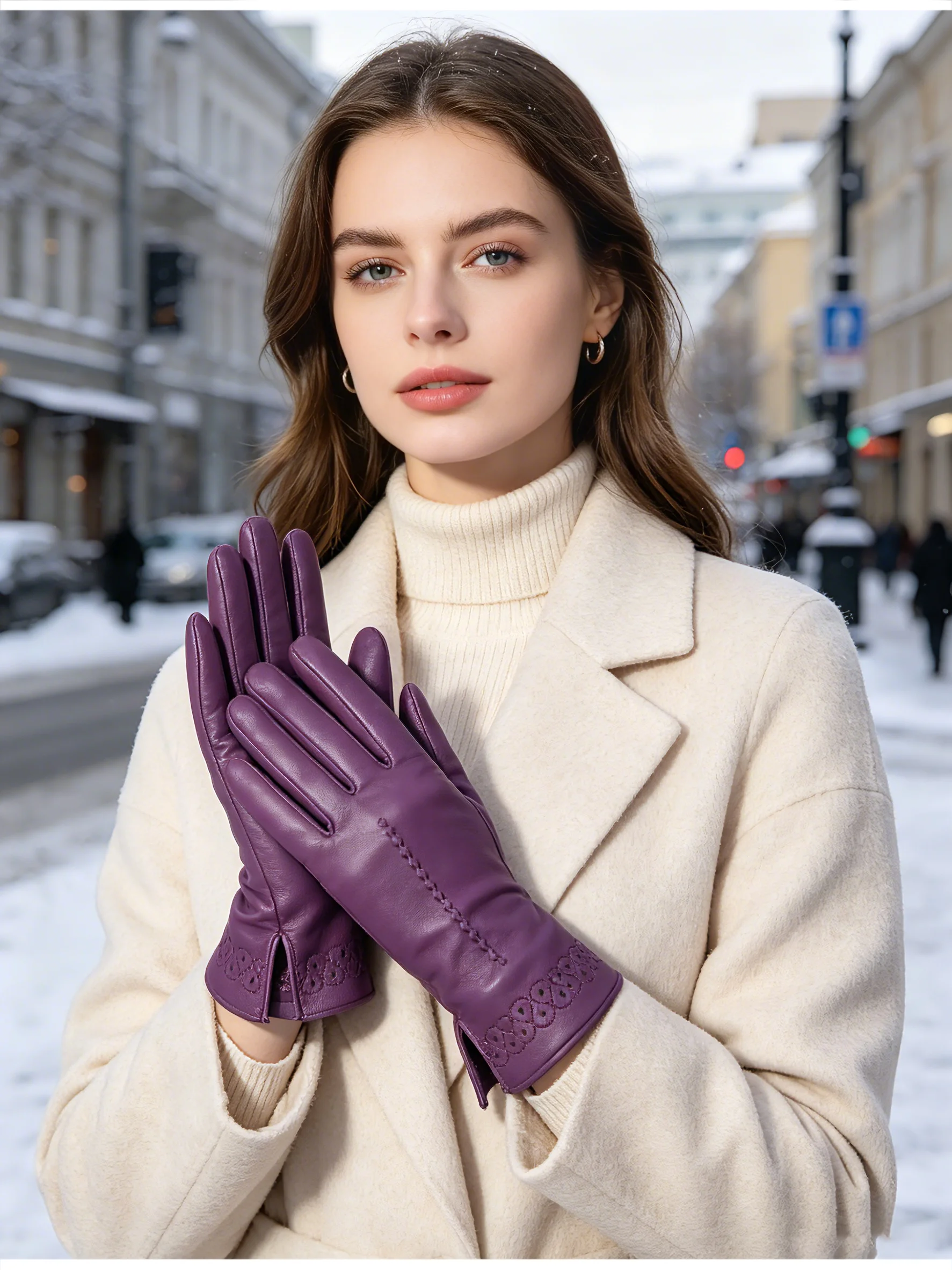 New Sheepskin Winter Gloves Warm Plus Velvet Short Thin Driving Women's Gloves Color Embroidery Design Leather Gloves-2229