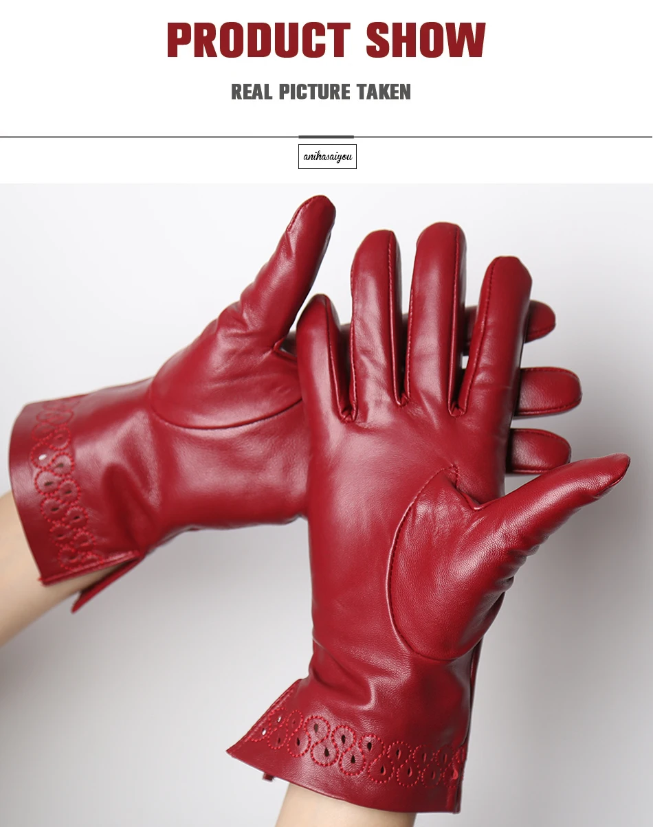 New Sheepskin Winter Gloves Warm Plus Velvet Short Thin Driving Women's Gloves Color Embroidery Design Leather Gloves-2229