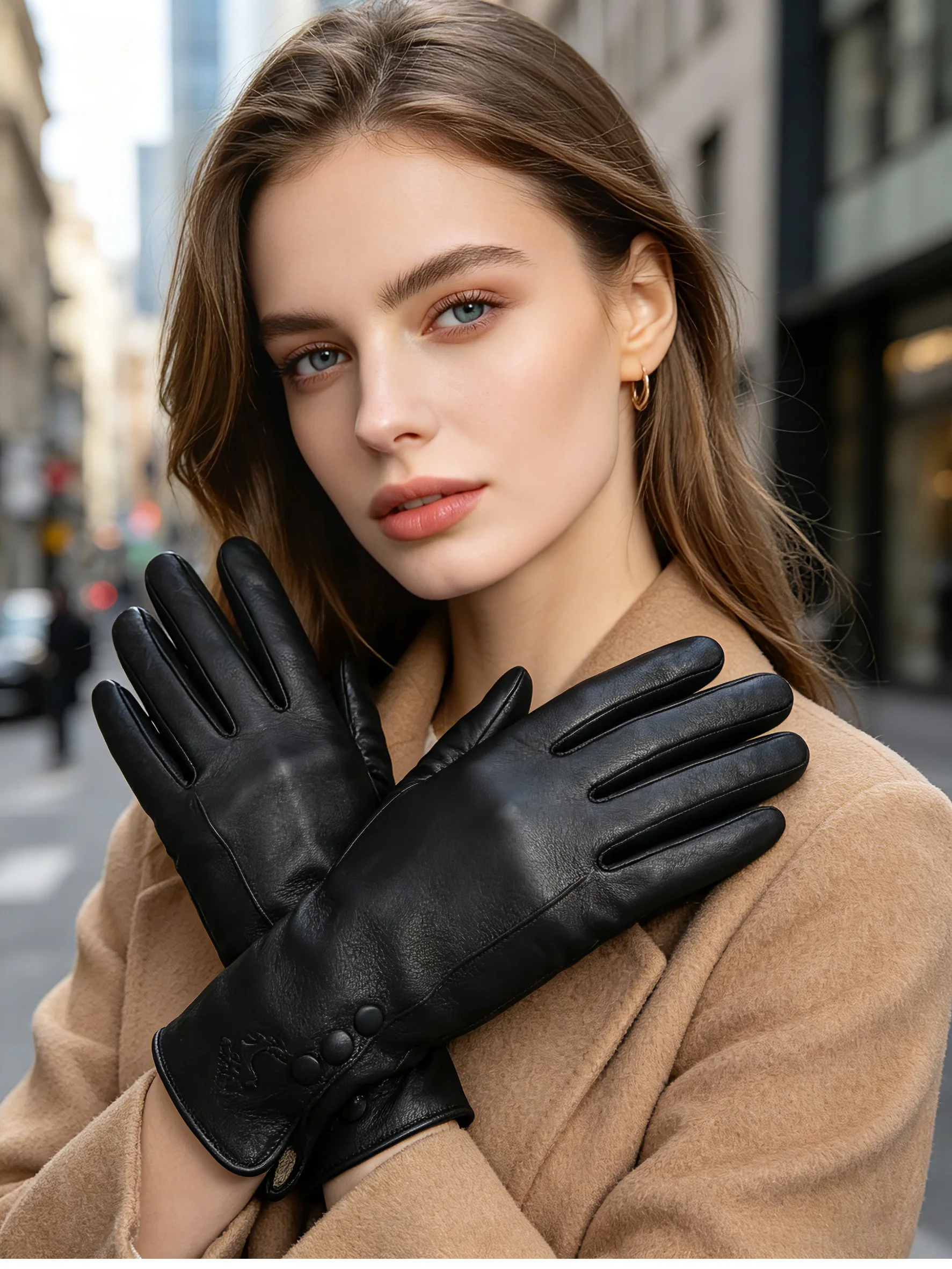 Fashion Simple Warm Women Leather Gloves, Real Leather Women's Winter Mittens, Black Buckskin Women Gloves - 2280
