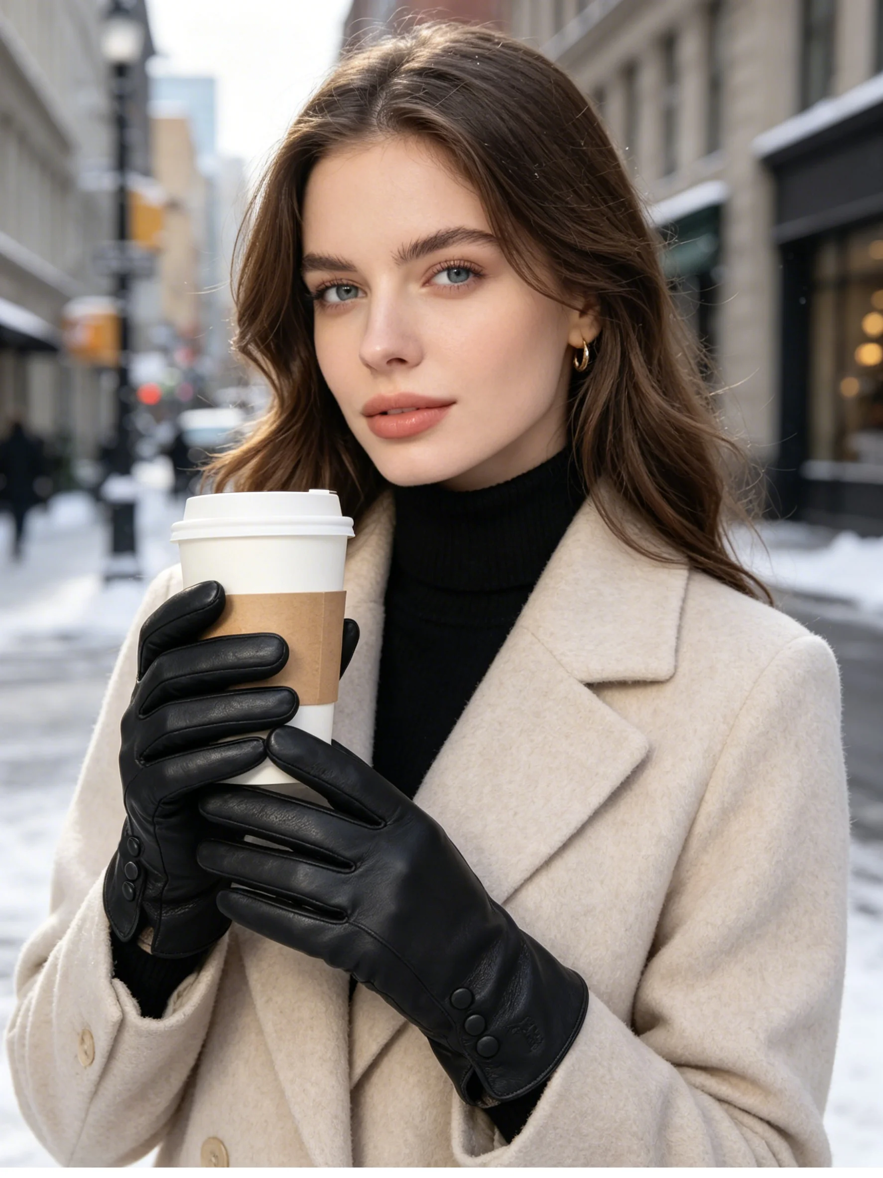 Fashion Simple Warm Women Leather Gloves, Real Leather Women's Winter Mittens, Black Buckskin Women Gloves - 2280