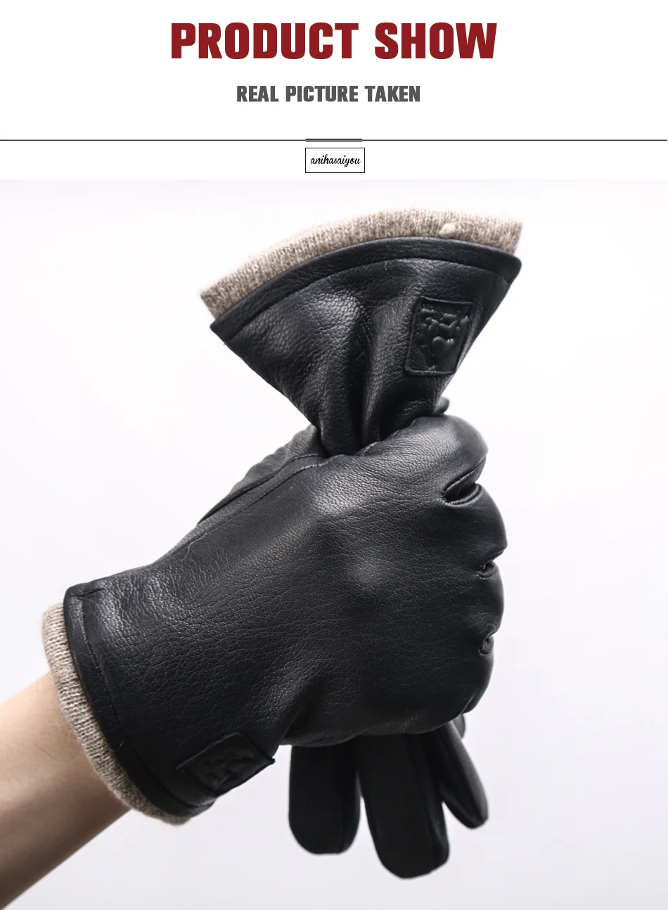New Winter Man Sheepskin Men's Winter Gloves, Warm Soft Winter Leather Gloves Men, Black Warm Lining Mens Leather Gloves-8011A