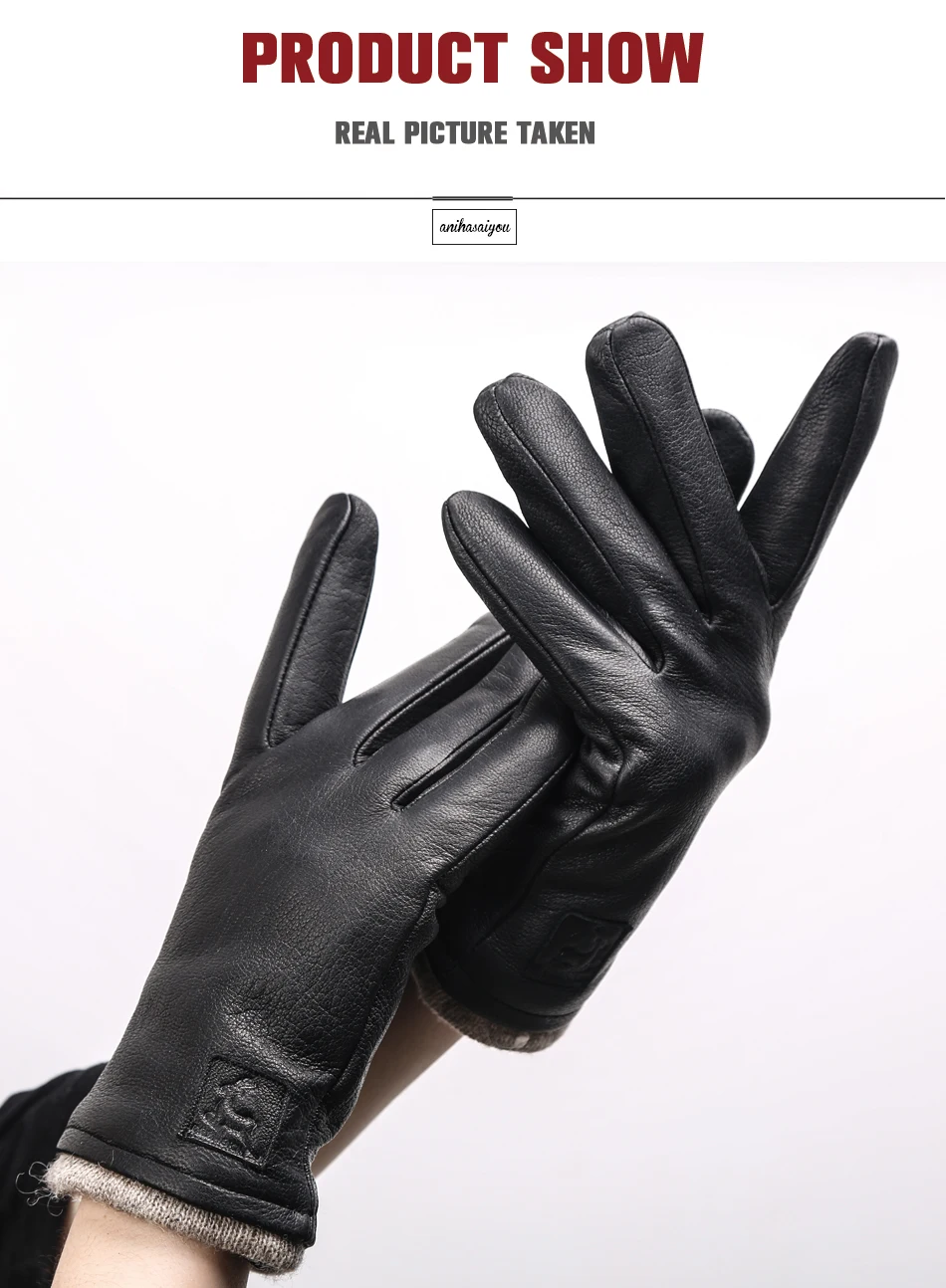New Winter Man Sheepskin Men's Winter Gloves, Warm Soft Winter Leather Gloves Men, Black Warm Lining Mens Leather Gloves-8011A