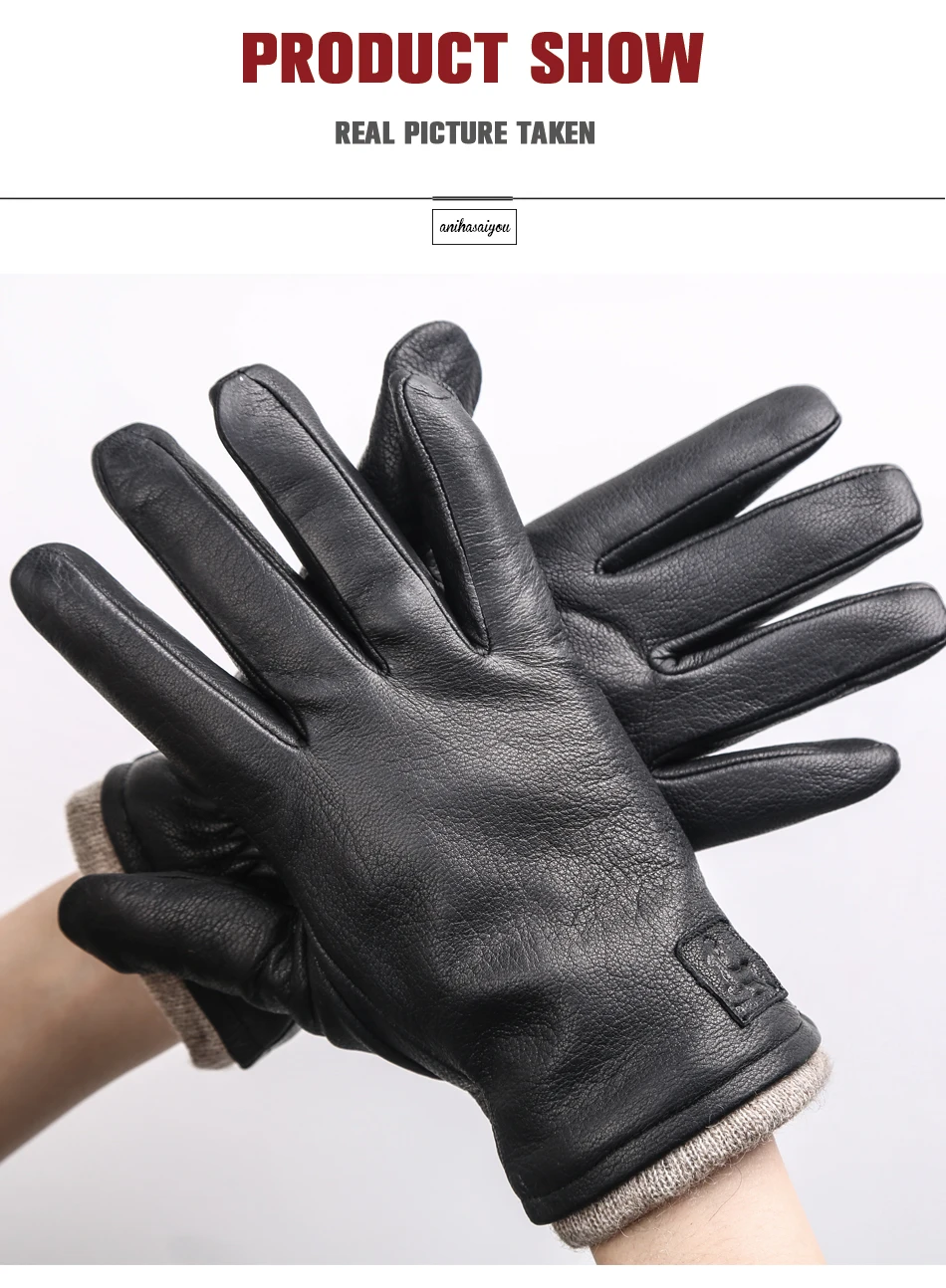 New Winter Man Sheepskin Men's Winter Gloves, Warm Soft Winter Leather Gloves Men, Black Warm Lining Mens Leather Gloves-8011A