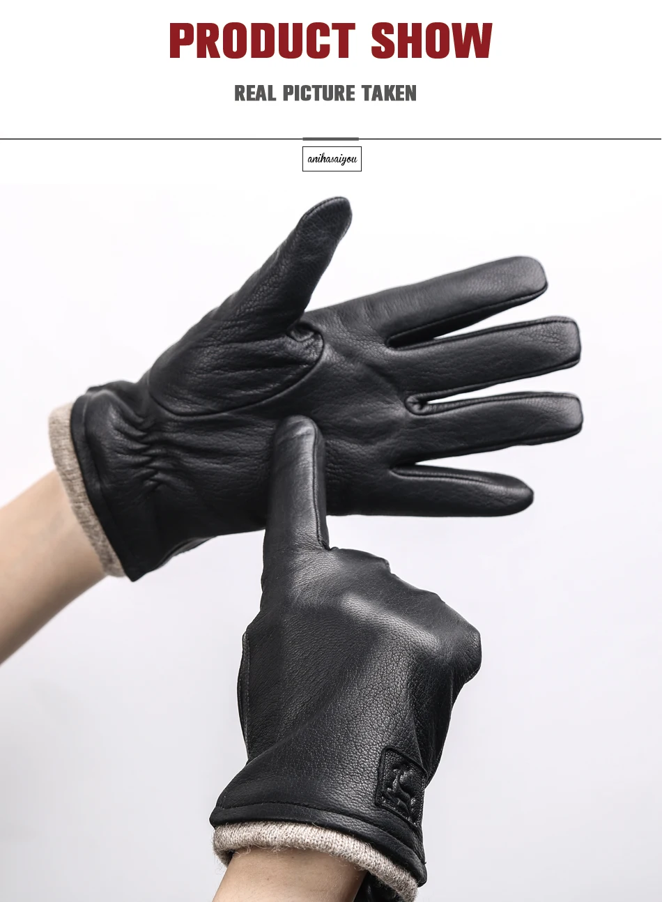 New Winter Man Sheepskin Men's Winter Gloves, Warm Soft Winter Leather Gloves Men, Black Warm Lining Mens Leather Gloves-8011A