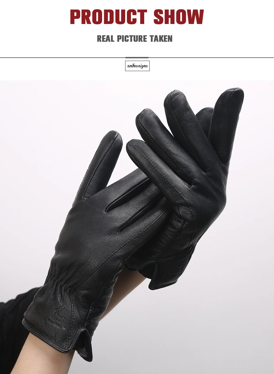 New Deer Skin Gloves Male Winter, Simple Mens Leather Gloves, Soft Men's Gloves, Black Genuine Leather Touch Gloves - 8025