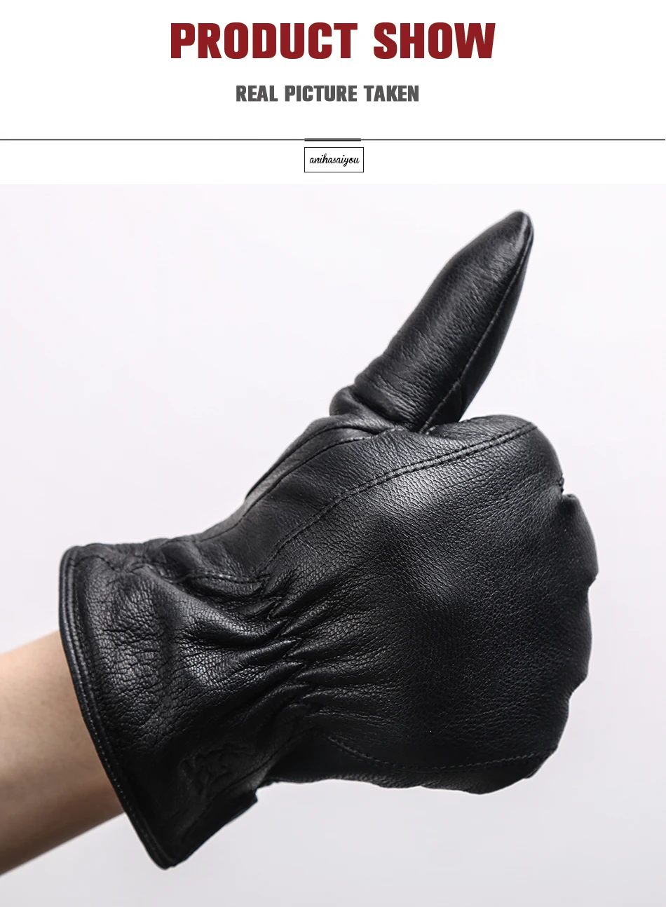 New Deer Skin Gloves Male Winter, Simple Mens Leather Gloves, Soft Men's Gloves, Black Genuine Leather Touch Gloves - 8025