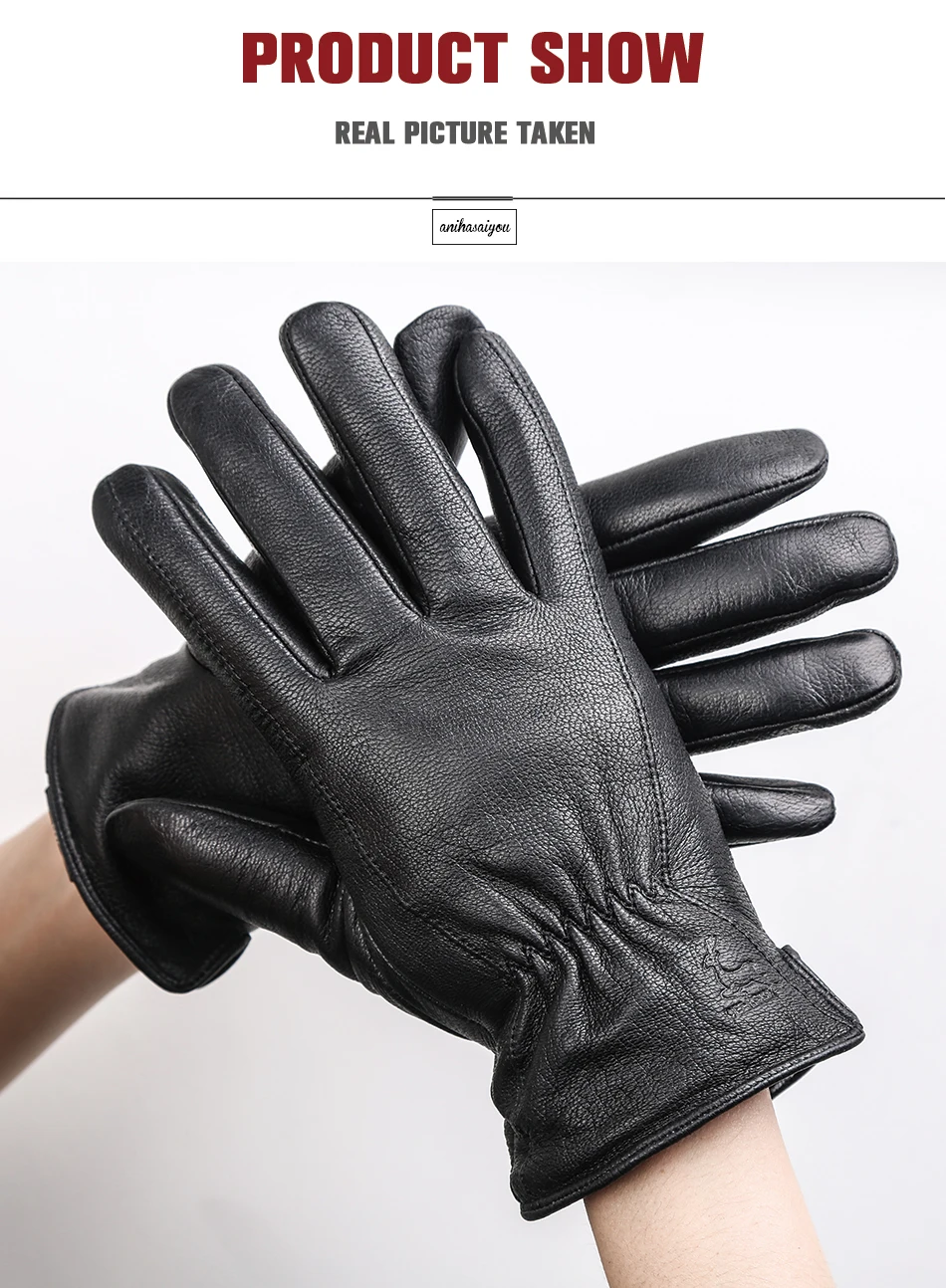 New Deer Skin Gloves Male Winter, Simple Mens Leather Gloves, Soft Men's Gloves, Black Genuine Leather Touch Gloves - 8025