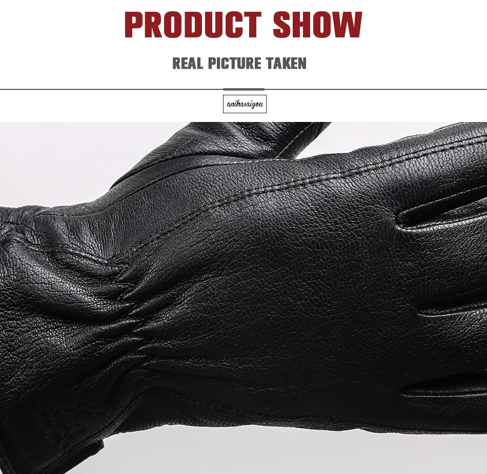 New Deer Skin Gloves Male Winter, Simple Mens Leather Gloves, Soft Men's Gloves, Black Genuine Leather Touch Gloves - 8025
