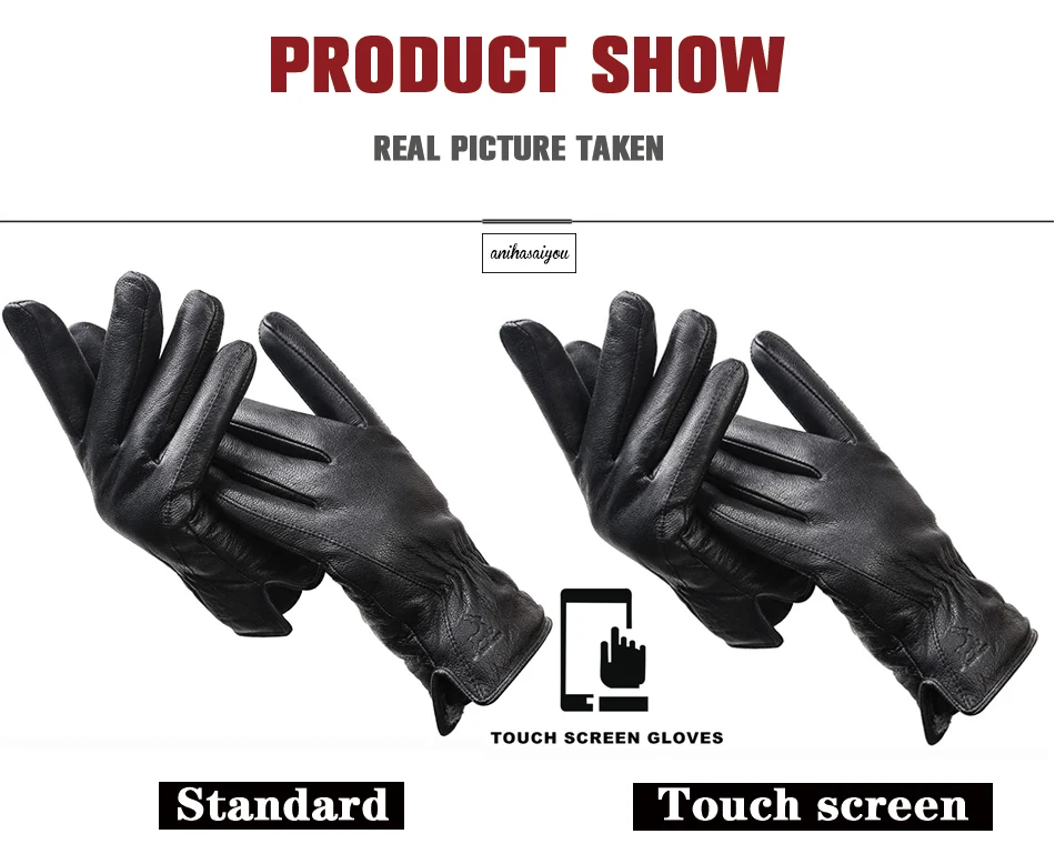 New Deer Skin Gloves Male Winter, Simple Mens Leather Gloves, Soft Men's Gloves, Black Genuine Leather Touch Gloves - 8025