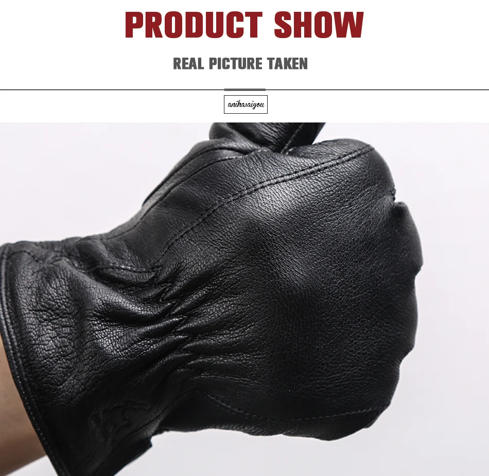 New Deer Skin Gloves Male Winter, Simple Mens Leather Gloves, Soft Men's Gloves, Black Genuine Leather Touch Gloves - 8025