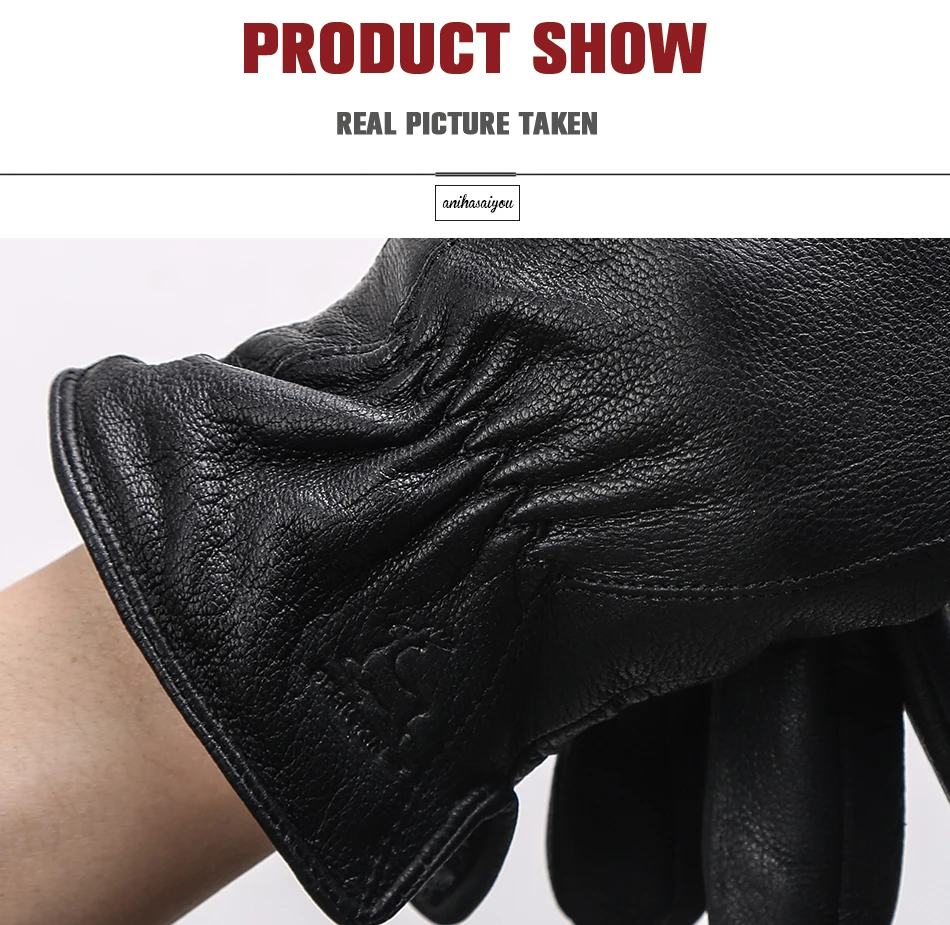 New Deer Skin Gloves Male Winter, Simple Mens Leather Gloves, Soft Men's Gloves, Black Genuine Leather Touch Gloves - 8025