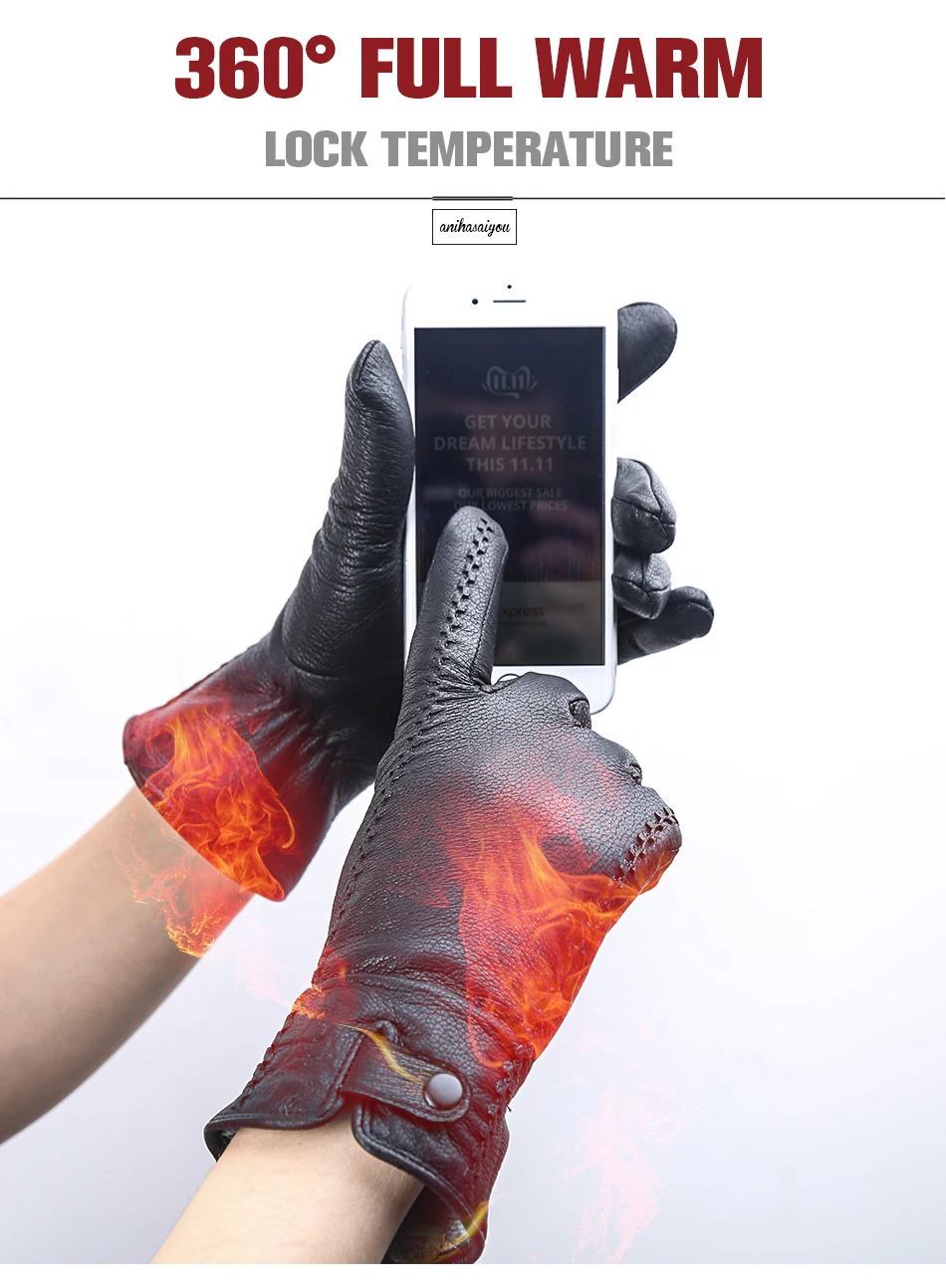 Fashion Buckskin Real Women's Leather Gloves, Comfortable Warm Women's Winter Gloves Cold Protection Gloves for Women - 2265