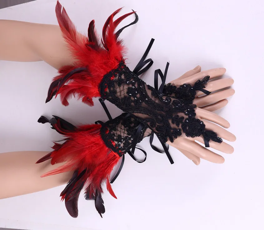 Fashion Feather Sleeve Cuffs Gloves Party Cosplay Lace Wrist Cuffs Fur Sleeve Furry Accessories Carnival Stage Show Costume