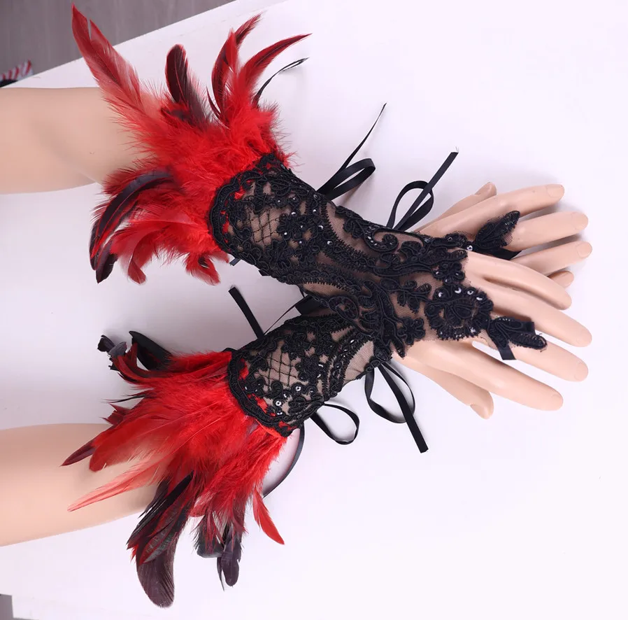 Fashion Feather Sleeve Cuffs Gloves Party Cosplay Lace Wrist Cuffs Fur Sleeve Furry Accessories Carnival Stage Show Costume