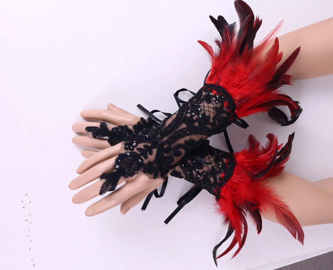 Fashion Feather Sleeve Cuffs Gloves Party Cosplay Lace Wrist Cuffs Fur Sleeve Furry Accessories Carnival Stage Show Costume