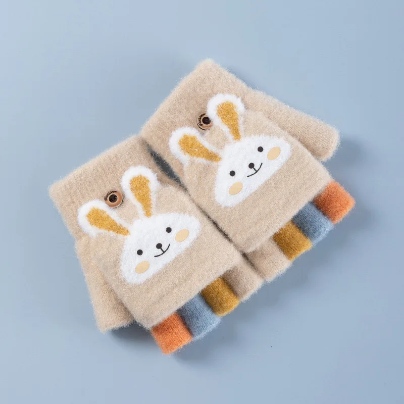 4-11 year old cartoon bunny five finger children's gloves winter thick half finger flip knitted gloves winter new warm gloves