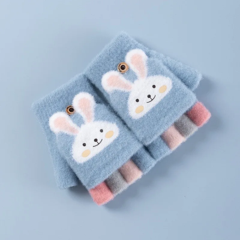 4-11 year old cartoon bunny five finger children's gloves winter thick half finger flip knitted gloves winter new warm gloves