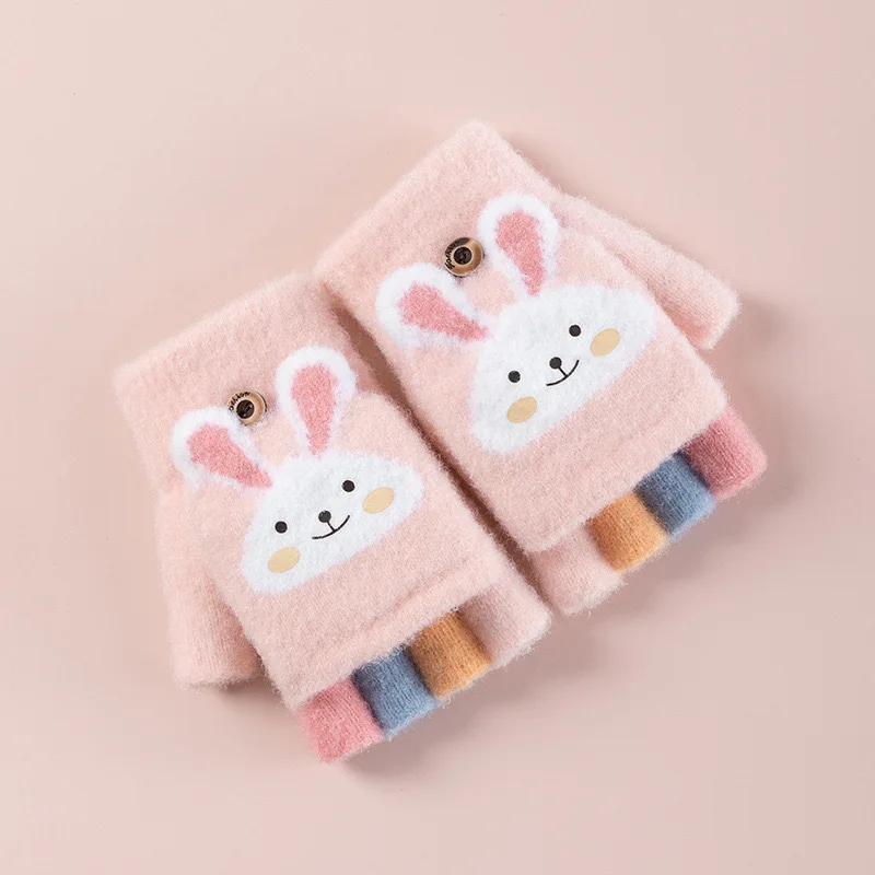 4-11 year old cartoon bunny five finger children's gloves winter thick half finger flip knitted gloves winter new warm gloves