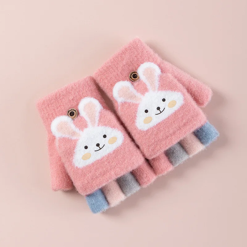 4-11 year old cartoon bunny five finger children's gloves winter thick half finger flip knitted gloves winter new warm gloves