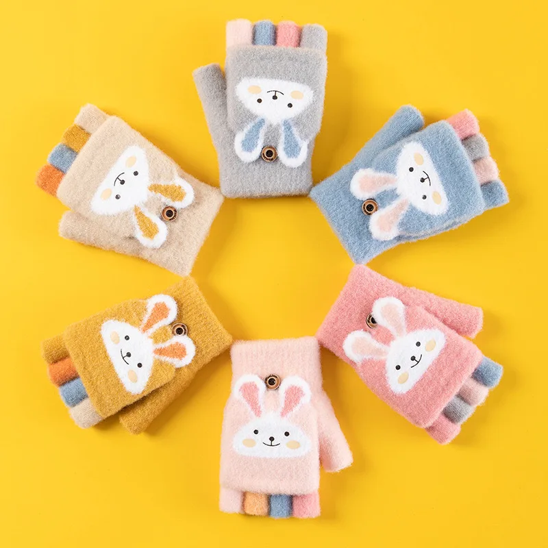 4-11 year old cartoon bunny five finger children's gloves winter thick half finger flip knitted gloves winter new warm gloves