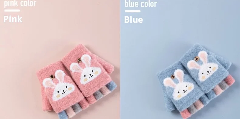 4-11 year old cartoon bunny five finger children's gloves winter thick half finger flip knitted gloves winter new warm gloves