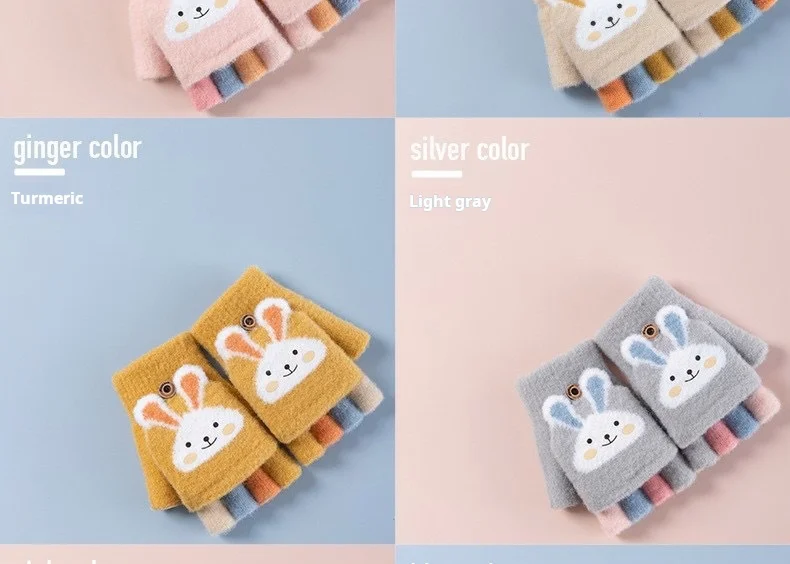 4-11 year old cartoon bunny five finger children's gloves winter thick half finger flip knitted gloves winter new warm gloves