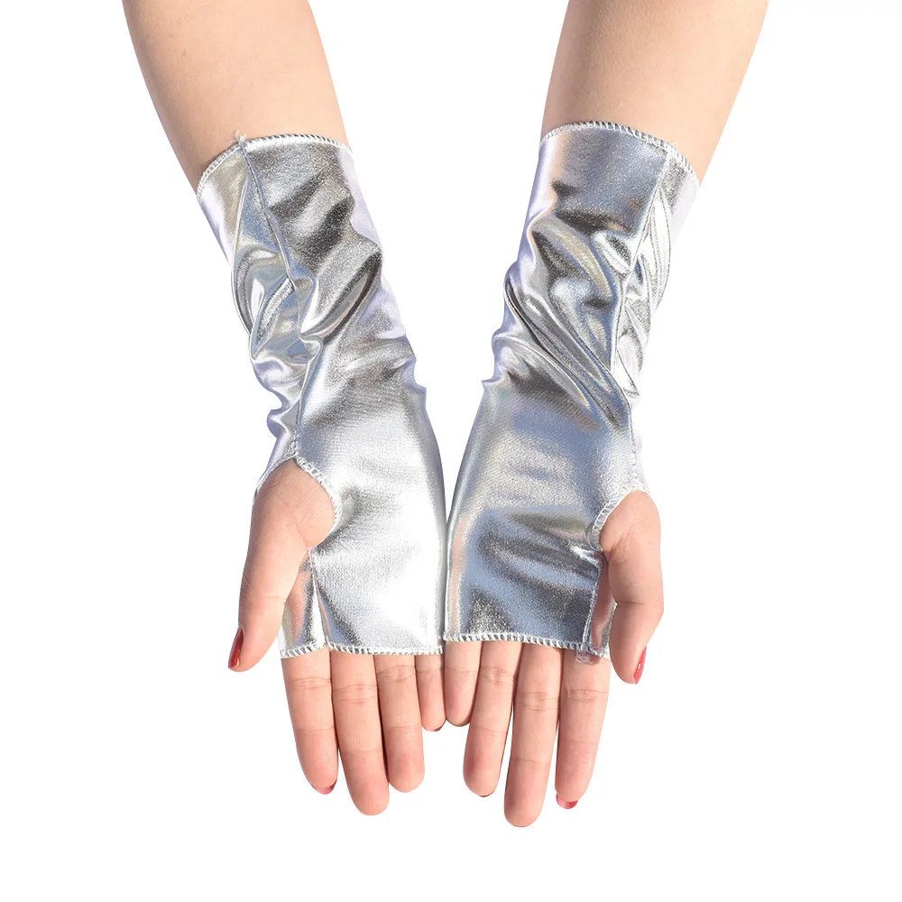 1Pair Women's Faux Patent Leather Punk Gothic Style Short Fingerless Gloves Fashion Hip Hop Performance Party Half Finger Mitten