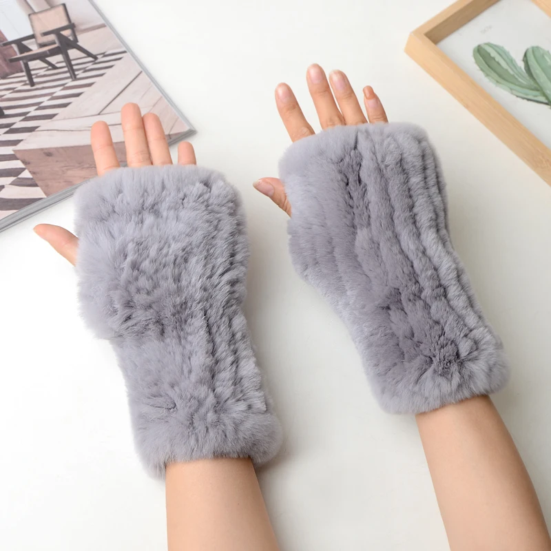 Winter Warm Real Fur Fingerless Gloves Women Knit Fur Mitten Girls 100% Real Genuine Knitted Rex Rabbit Fur Mittens