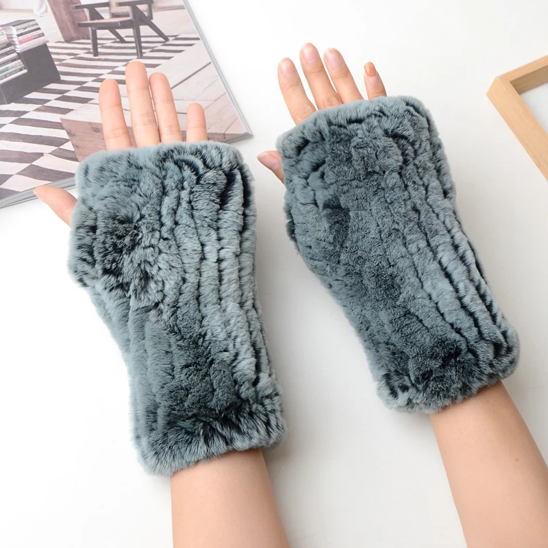 Winter Warm Real Fur Fingerless Gloves Women Knit Fur Mitten Girls 100% Real Genuine Knitted Rex Rabbit Fur Mittens