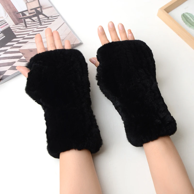 Winter Warm Real Fur Fingerless Gloves Women Knit Fur Mitten Girls 100% Real Genuine Knitted Rex Rabbit Fur Mittens