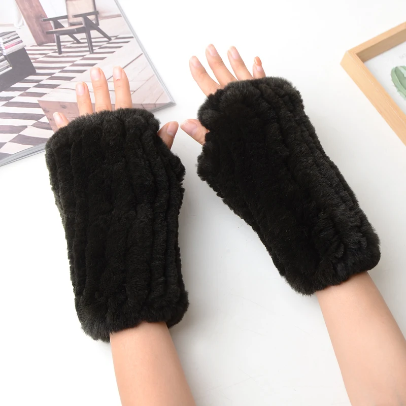 Winter Warm Real Fur Fingerless Gloves Women Knit Fur Mitten Girls 100% Real Genuine Knitted Rex Rabbit Fur Mittens
