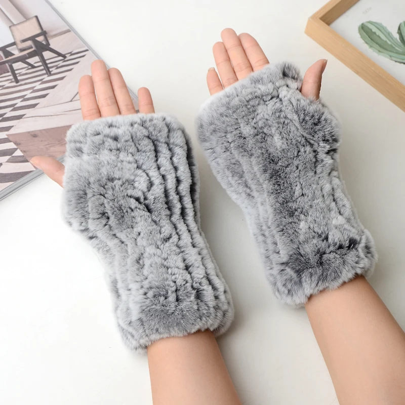 Winter Warm Real Fur Fingerless Gloves Women Knit Fur Mitten Girls 100% Real Genuine Knitted Rex Rabbit Fur Mittens
