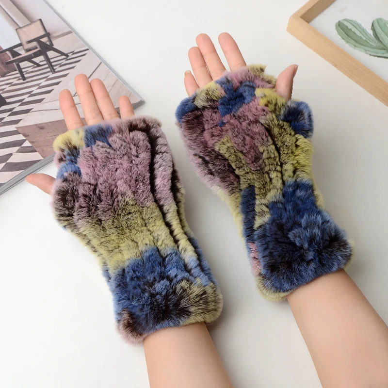 Winter Warm Real Fur Fingerless Gloves Women Knit Fur Mitten Girls 100% Real Genuine Knitted Rex Rabbit Fur Mittens