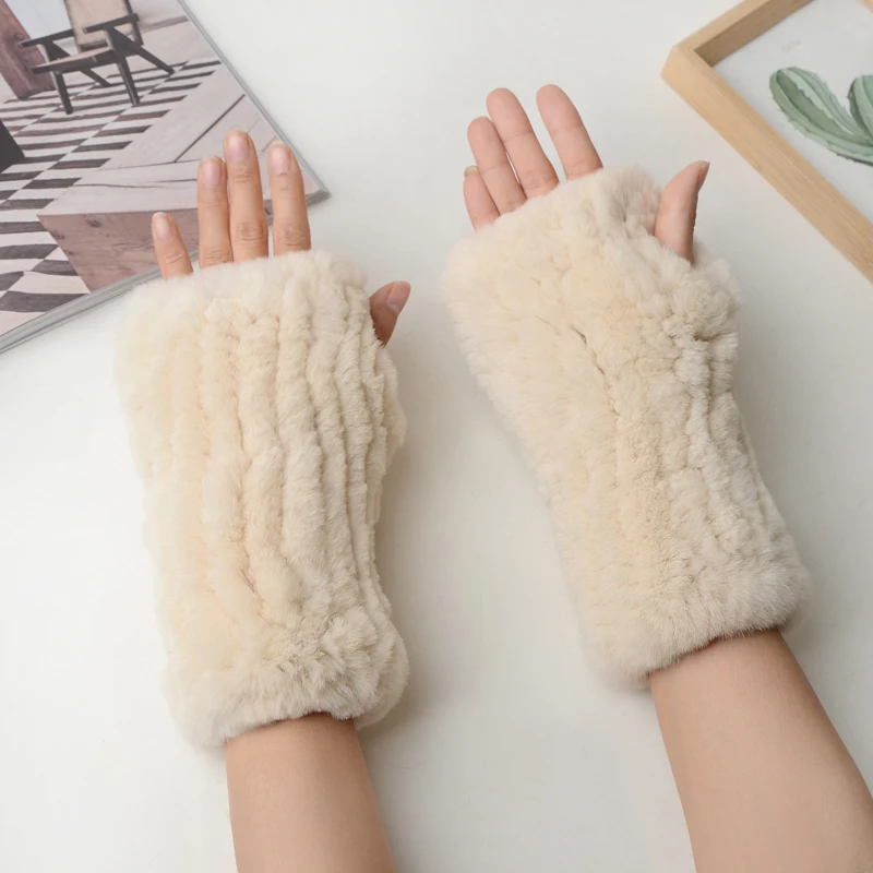 Winter Warm Real Fur Fingerless Gloves Women Knit Fur Mitten Girls 100% Real Genuine Knitted Rex Rabbit Fur Mittens