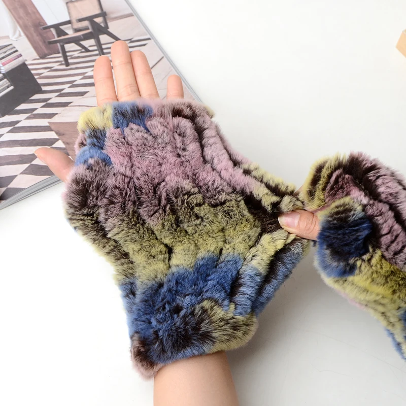 Winter Warm Real Fur Fingerless Gloves Women Knit Fur Mitten Girls 100% Real Genuine Knitted Rex Rabbit Fur Mittens