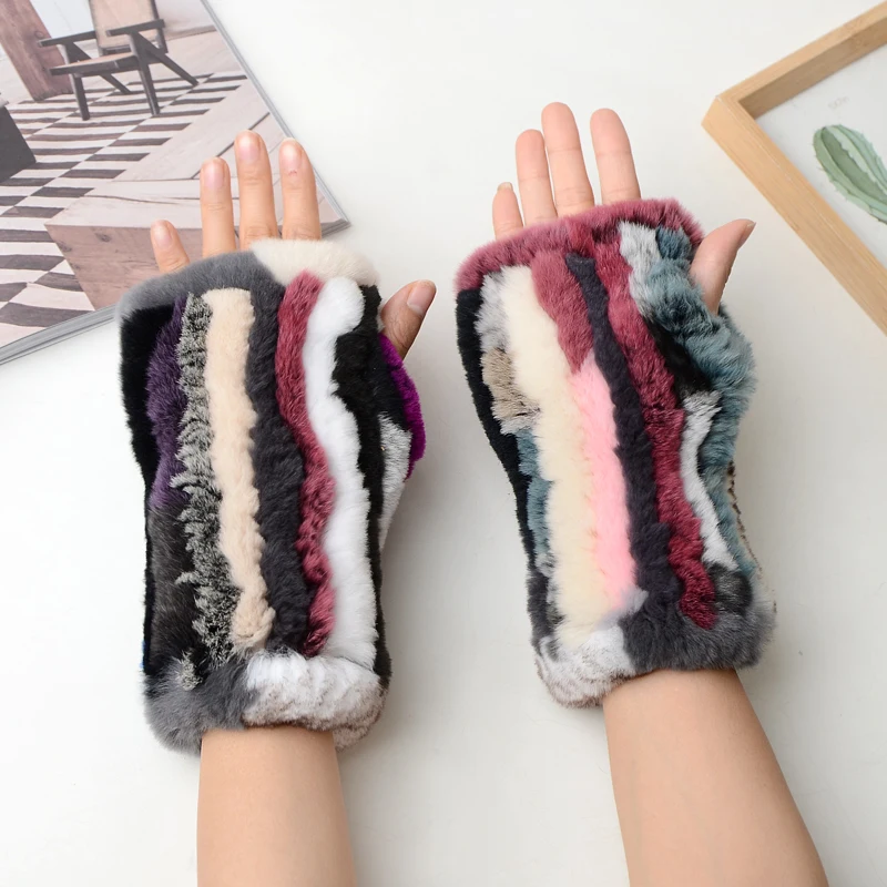 Winter Warm Real Fur Fingerless Gloves Women Knit Fur Mitten Girls 100% Real Genuine Knitted Rex Rabbit Fur Mittens