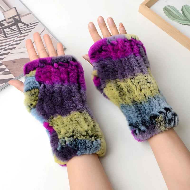 Winter Warm Real Fur Fingerless Gloves Women Knit Fur Mitten Girls 100% Real Genuine Knitted Rex Rabbit Fur Mittens