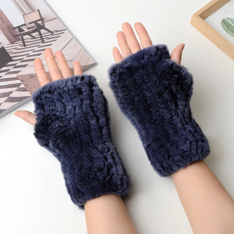 Winter Warm Real Fur Fingerless Gloves Women Knit Fur Mitten Girls 100% Real Genuine Knitted Rex Rabbit Fur Mittens